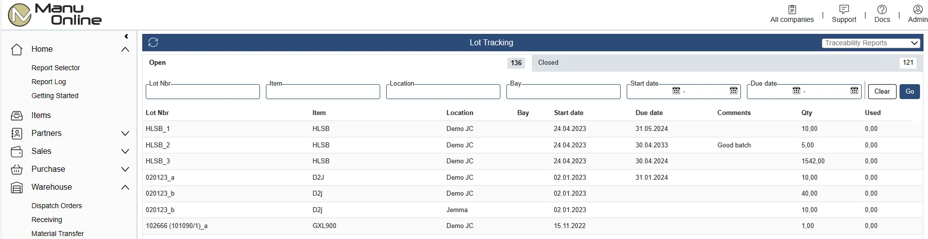 Manu Online Multi-Company Edition implementation screen