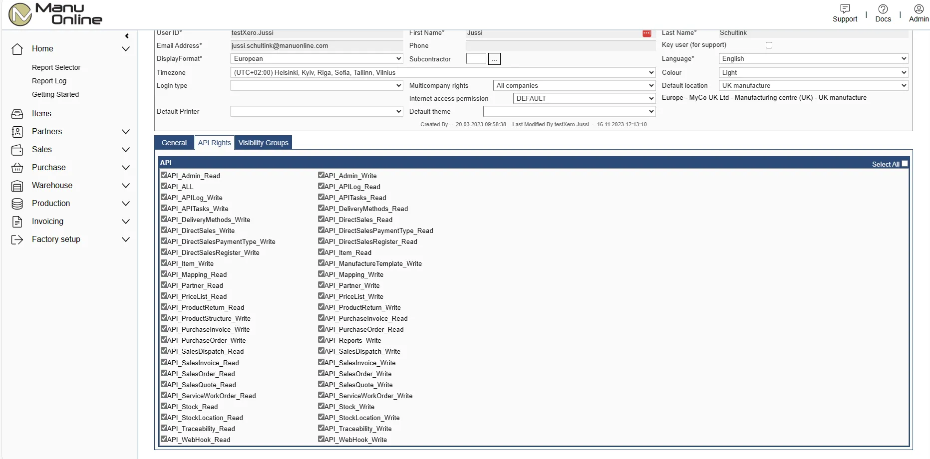 Setting API rights for a user in Manu Online admin