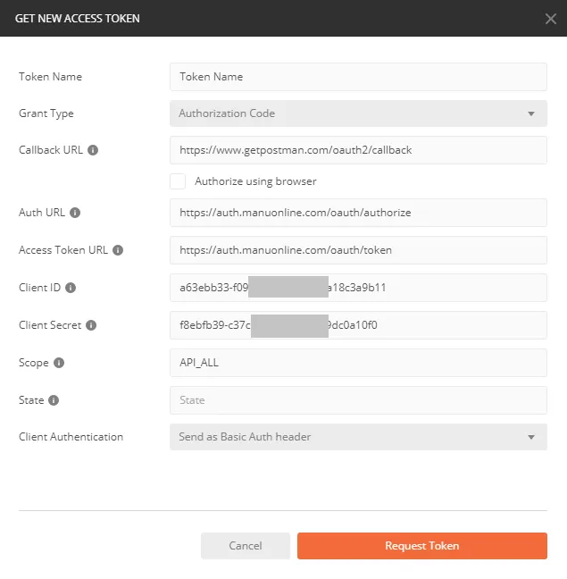OAuth2 setup for Manu Online inside Postman