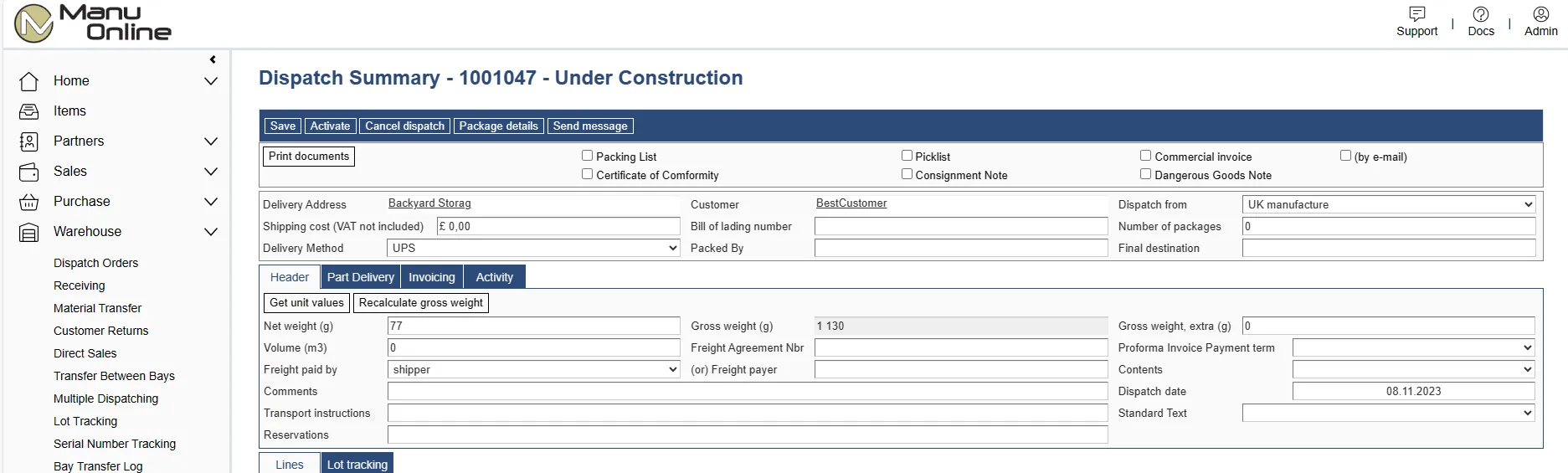 External warehouse management system integration with Manu Online