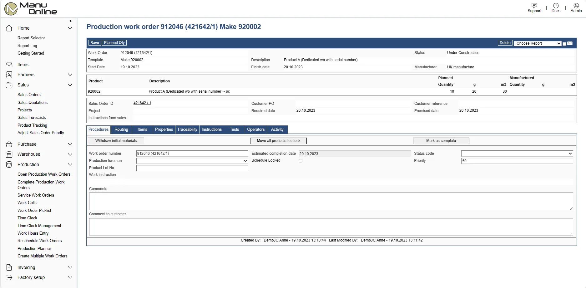 Production work order screen