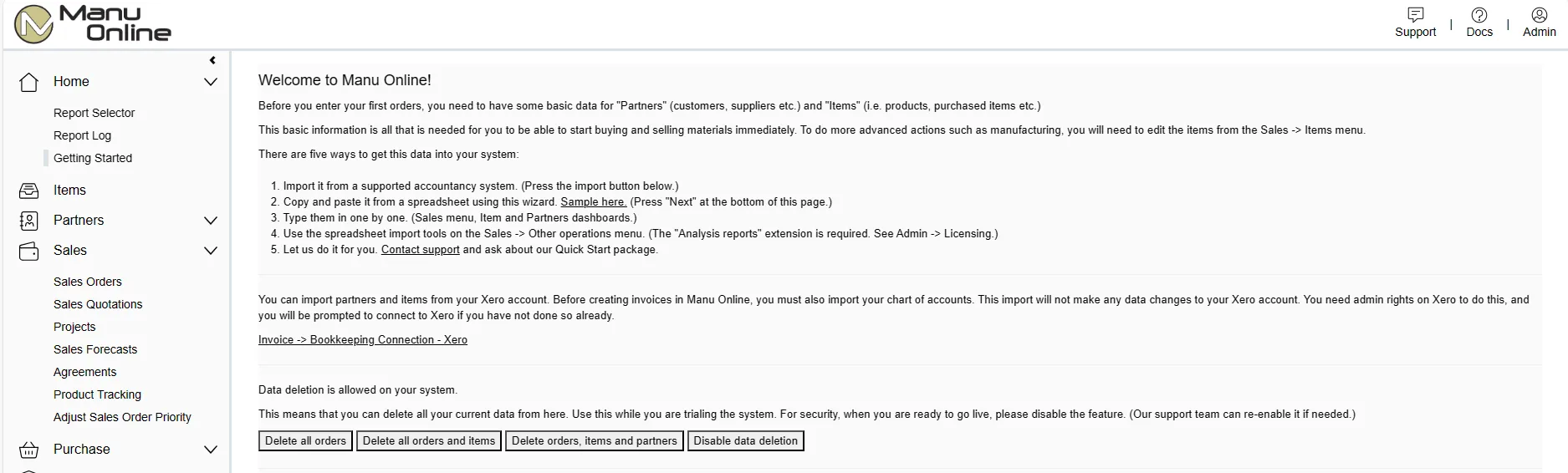 Manu Online getting started screen