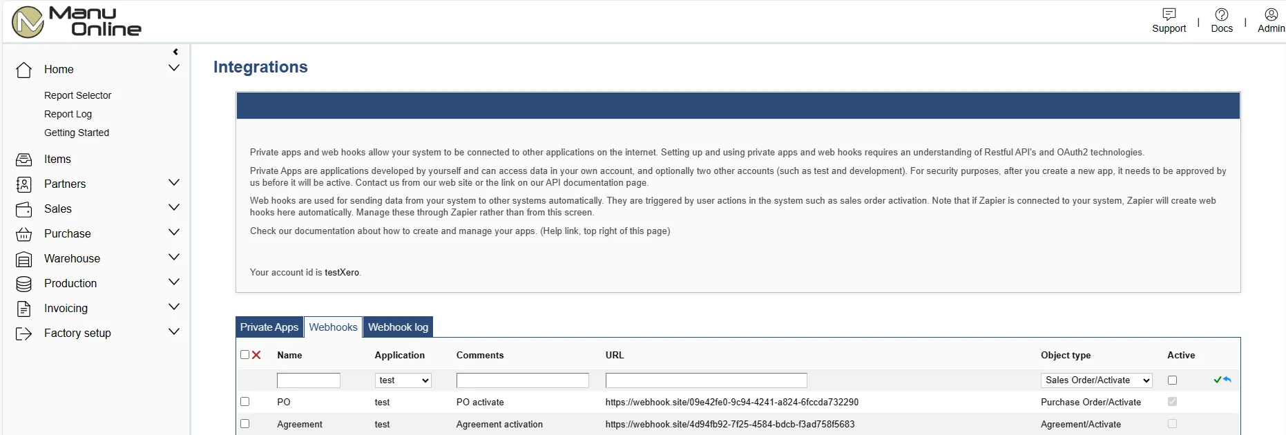 Webhooks in Manu Online