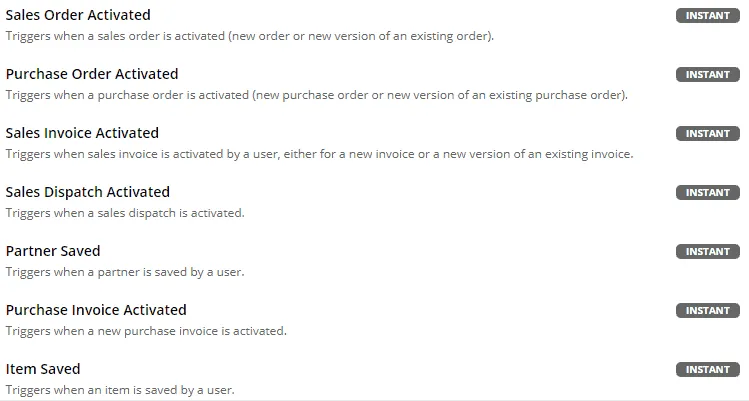 List of Manu Online instant triggers available in Zapier